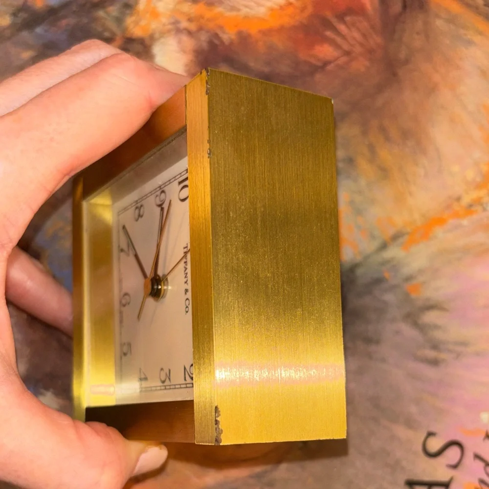 Tiffany & Co. Vintage Gold Square Brass Desk Clock with White Dial